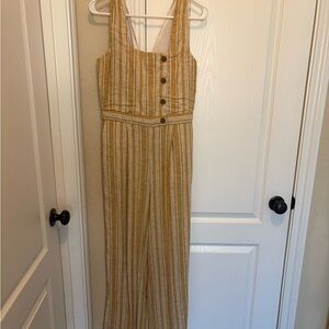 Striped Tan w a yellowish hue and White Jumpsuit